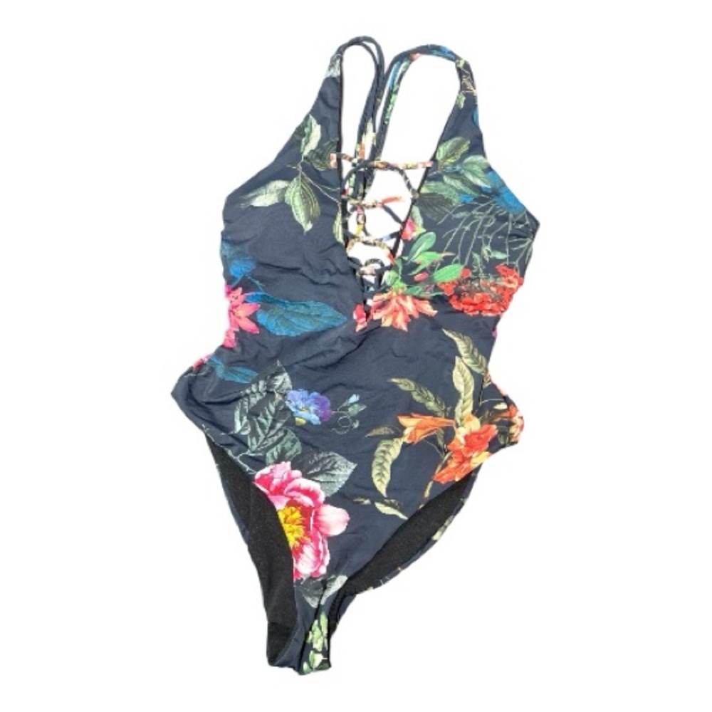 Floral Lace-Up One-Piece Swimsuit - Navy with Multi-Color Blooms